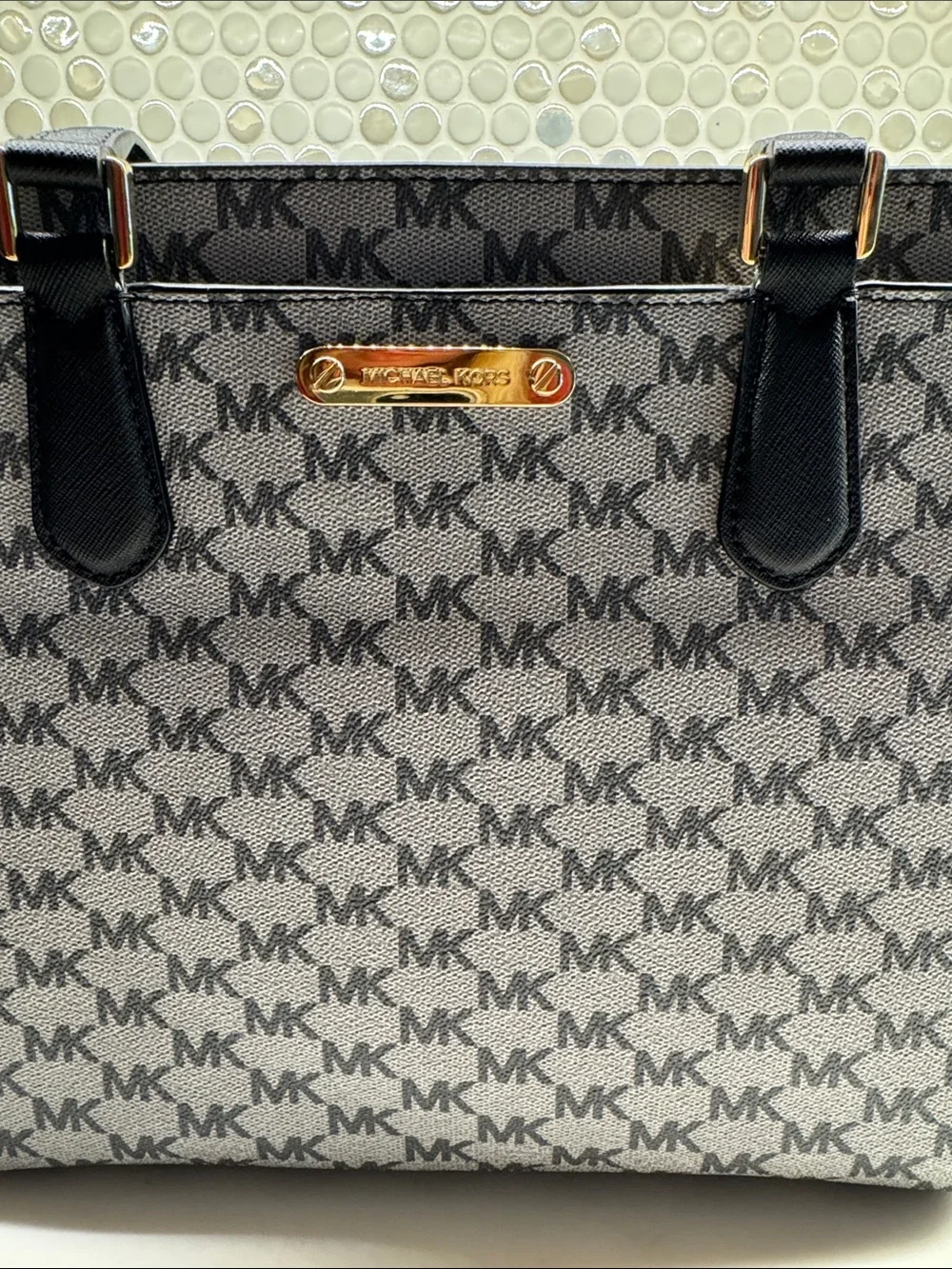 Michael Kors Gray MK Signature Tote with Black Straps